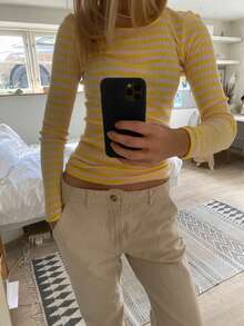 Women's Rib Knitted Striped T-Shirts Contrast Color Slim Fit Long Sleeve Round Neck Casual Tee Tops - Yellow - View 1