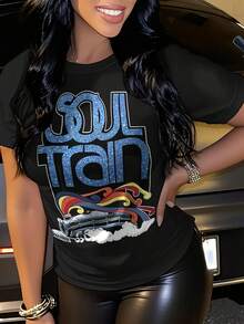 Women's Retro Soul Train Pattern T-Shirt - Black 70s Disco Party Shirt With Blue And Red Accents - Soft Crew Neck Casual Top, Machine Washable For Summer Themed Events And Casual Outfits, Classic Crew Neck Design, Comfortable Fit, Durable Print - 樣式1 - 查看 1
