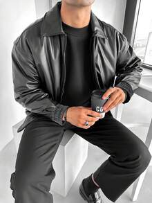 Men's Casual Loose Fit Business Leather Jacket, Old Money Style - Black - View 4