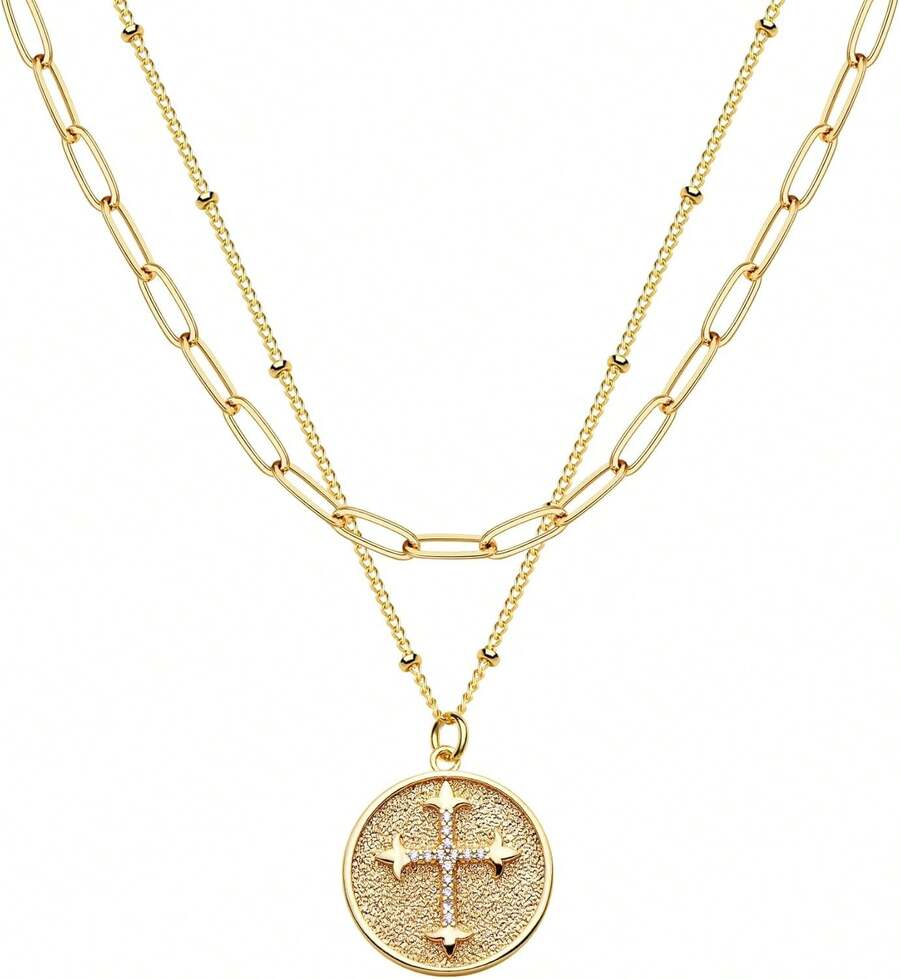 MEVECCO Layered Heart Necklace Pendant Handmade 18k Gold Plated Dainty Gold Choker Arrow Bar Layering Long Necklace For Women - 層圓形十字 - 查看 1