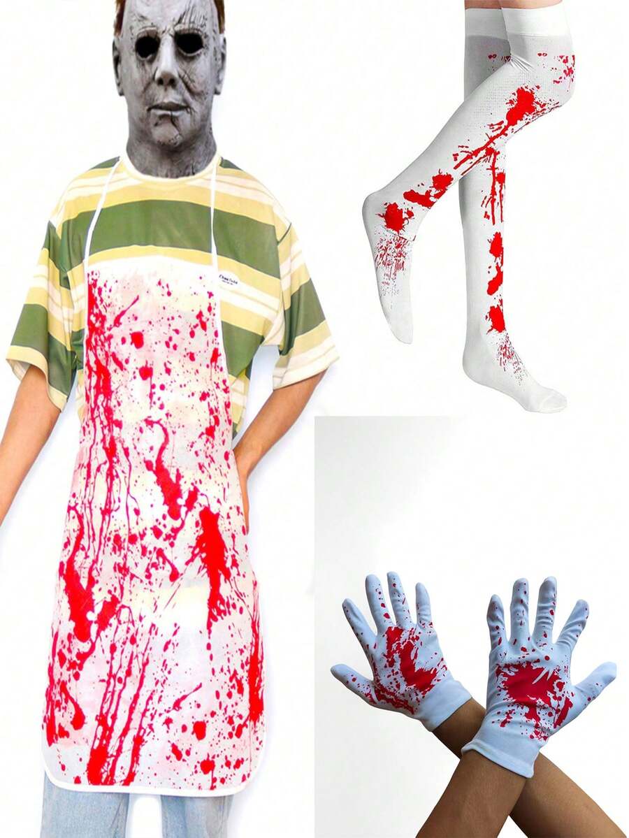 3pcs Set/Halloween Party Decoration Blood Gloves, Bloodstained Socks, Aprons Cosplay, Makeup Ball Props - Multicolor - View 1