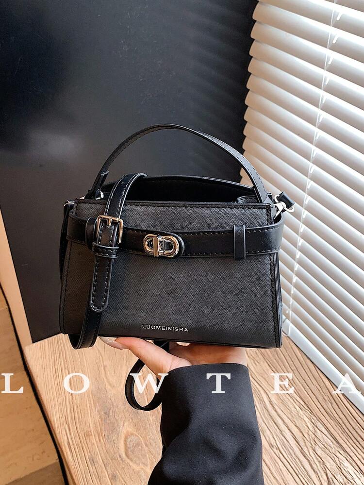 low tea New Summer Litchi Texture Women's Handbag, Fashionable Adjustable Shoulder Strap Crossbody Bag, Minimalist Solid Color High-End Metal Decor One Shoulder Work Bag - Black - View 1