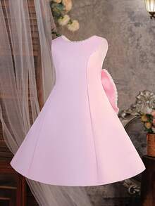 女童露背大蝴蝶结婚礼派对花童礼服，时尚伴娘公主舞会礼服，优雅毕业典礼生日女孩礼服，带仿珍珠 - 粉色 - 查看 4