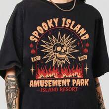 Spooky Island Amusement Park T-Shirt, Retro 2000s Halloween Movie Shirt, Disco Skull, Summer Spooky T-Shirt, 90s Nostalgia Halloween Tee For Halloween-Motion Tee - 黑色 - 查看 1