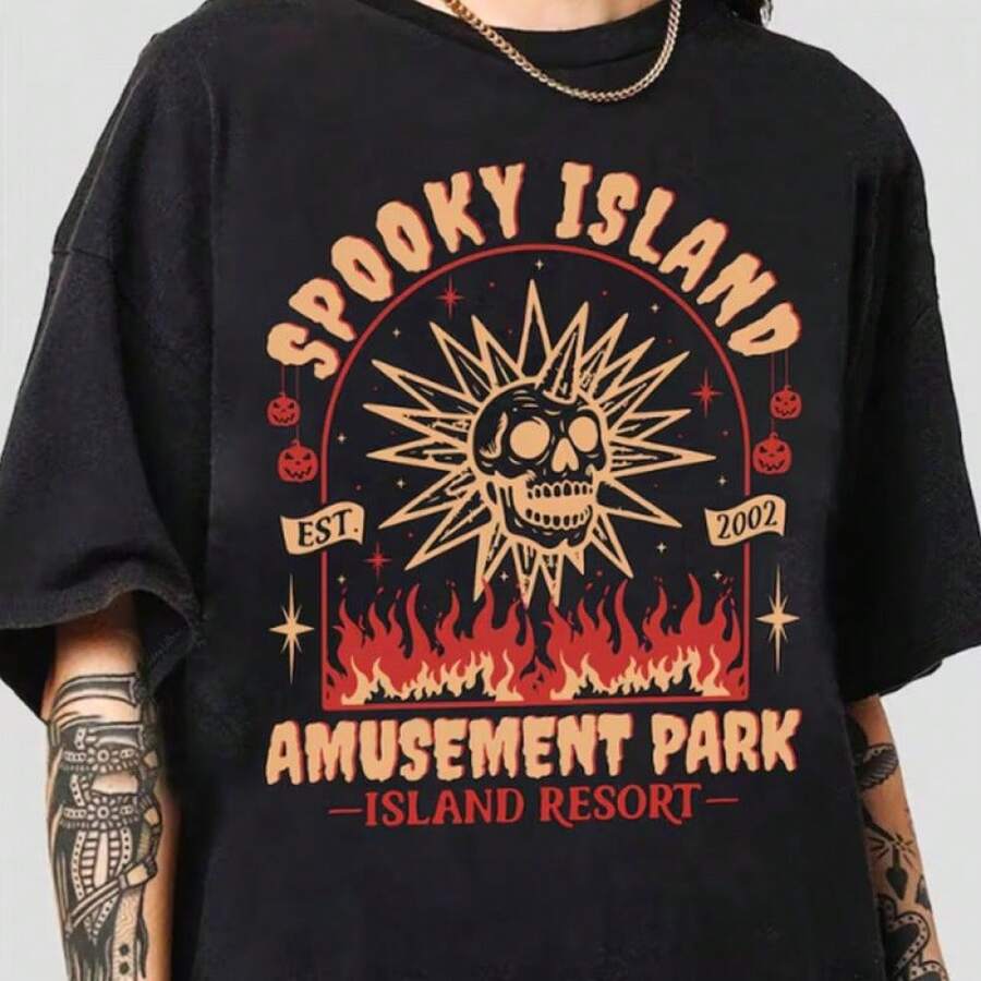 Spooky Island Amusement Park T-Shirt, Retro 2000s Halloween Movie Shirt, Disco Skull, Summer Spooky T-Shirt, 90s Nostalgia Halloween Tee For Halloween-Motion Tee - 黑色 - 查看 1