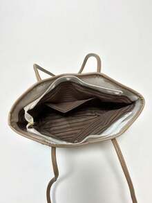 时尚纯色围巾装饰 PU 托特包，大容量通勤复古简约单肩包，百搭手提包，适合女性 - 米色 - 查看 7