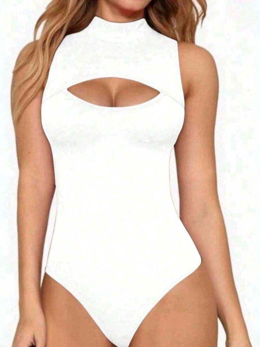 Women's Bodysuit With High Neck And Cutouts, Ideal For Summer Use - 白色 - 查看 1