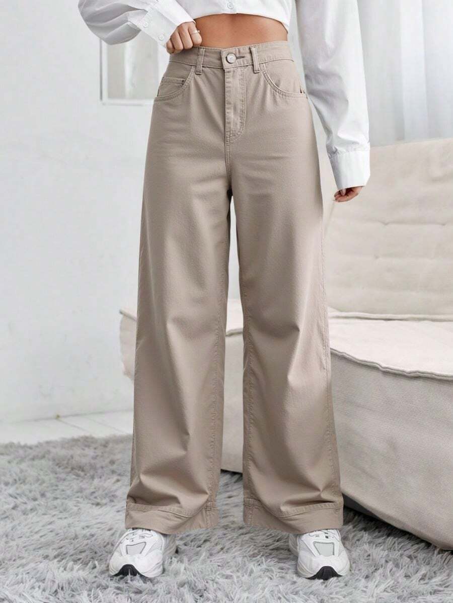 Pantalones casuales largos acampanados para mujer, tela no elástica, elegantes y cómodos para uso diario. - Crema - Ver 1