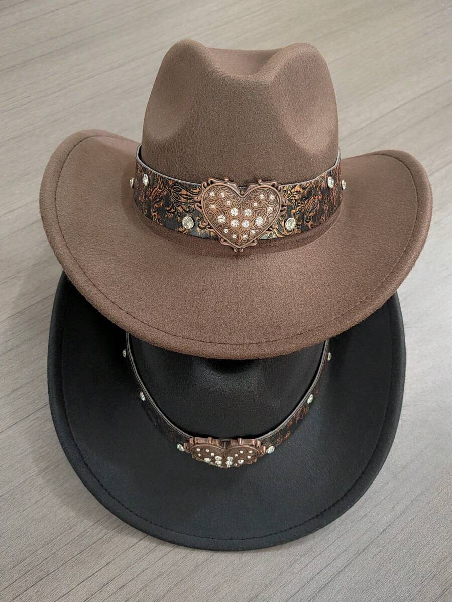 1 件金属心形水钻毡帽休闲礼帽，优雅且适合旅行、派对、西部牛仔主题派对以及日常使用万圣节情人节情人节