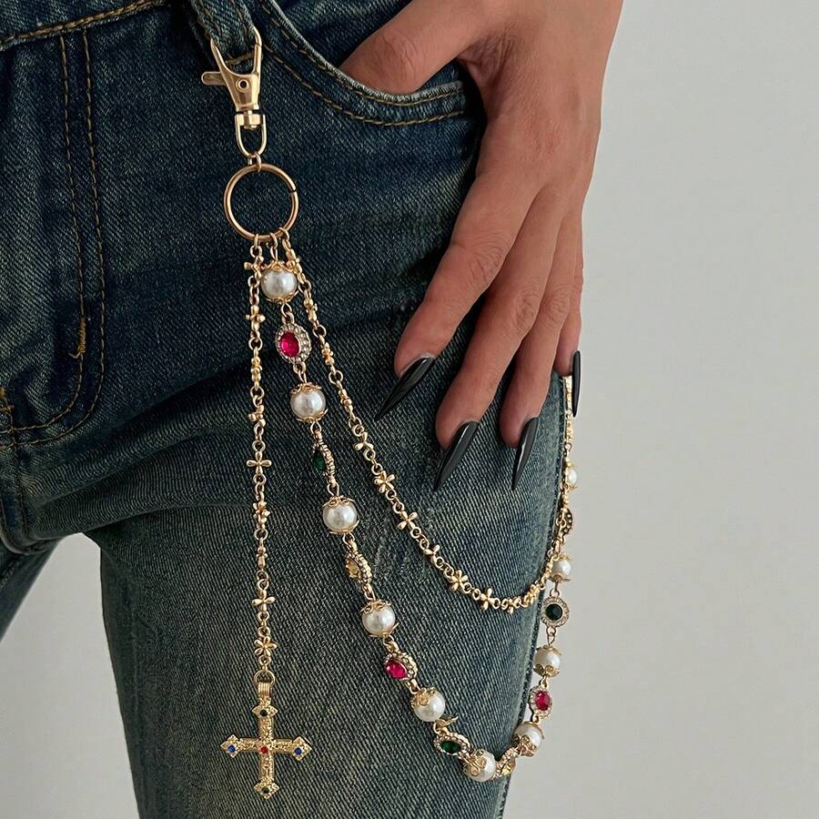 1 Pieceins Hip Hop Jeans Decorative Pants Chain Beaded Cross Imitation Pearl Punk Waist Chain For Women, Suitable For Various Festivals, Parties, And Casual Occasions In Summer, School - MY02 Vàng 1742 - Xem 1