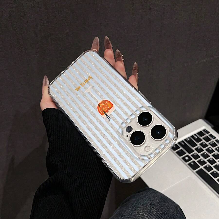 Striped Cocktail Protective Phone Case Compatible With IPhone 11 Pro Max/16 Pro Max/15 Pro/14 Plus/13/12/11, Anti-Drop Phone Case For 13 Pro Max 12 Pro With Glitter - لمعان شفاف ناعم - مشاهدة 1