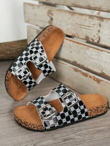 Women's Flat Sandals, Black & White Polka Dot Fashion Element, Soft Cork Bottom, Breathable Flat Summer Shoes, Latex Pad And Suede Lining, Arch Support Flat Slippers, Suitable For Beach, Vacation And Home Relaxation