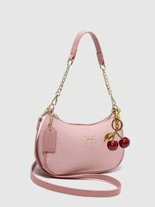 New Fashion Classic Wild Letter Pattern Decoration Design Solid Color Pu Waterproof Fabric Shoulder Bag Crescent Bag Underarm Bag Suitable For Shopping, Can Be Slung. With Cherry Pendant Decoration, Summer Crescent Bag, Seaside Holiday, School Season, Ladies Purse. - Pink - View 4