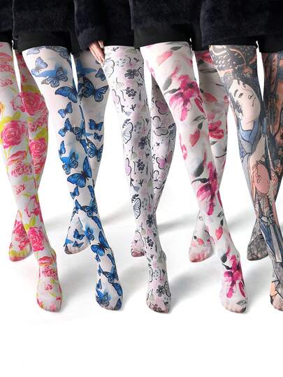 1pc Spring/Autumn Pantyhose, Versatile Butterfly Abstract Vintage Design Tights For Women, Comfortable & Skin-Friendly, Suitable For Daily Wear, Parties, Dates, And Stage Performances
