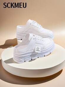 SCKMEU 1 双女式网眼拼布一脚蹬穆勒鞋，厚底时尚休闲运动鞋 - 白色 - 查看 4