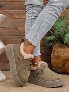 2025秋冬新款厚底坡跟中筒雪地靴女款，毛皮靴 - 卡其色 - 查看 5