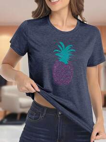 1PC, Women'S Pink T-Shirt With Pineapple Graphic - Soft Blend, Short Sleeve, Round Neck, Casual Summer Top, Perfect For Beach Or Vacation Outfits, Casual Summer Top |   Pineapple Graphic Tee |   Blend FabricS-XXL - 藏蓝色 - 查看 2