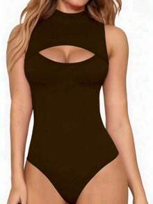 Women's Bodysuit With High Neck And Cutouts, Ideal For Summer Use - 棕色 - 查看 3