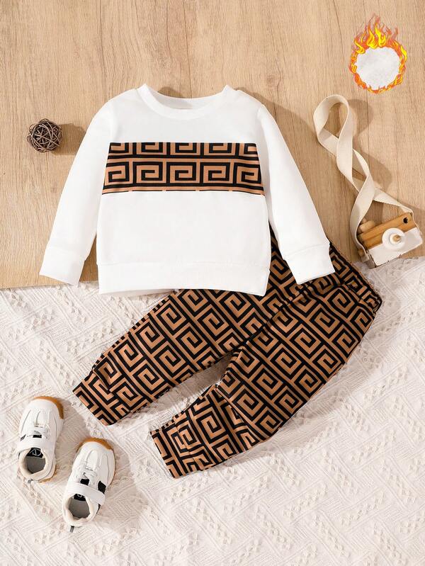 Ensemble de survêtement en polaire pour tout-petits, Top à col côtelé avec imprimé numérique placé, manches longues + pantalon, automne/hiver