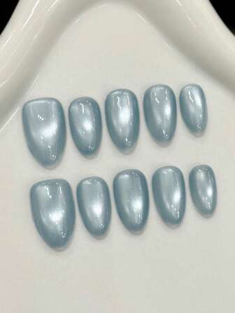 10 piezas de uñas postizas cortas de almendra hechas a mano para fiestas y uso diario, uñas rosas, uñas azules, ojo de gato. Uñas cortas, fáciles de usar. 10 piezas de uñas postizas hechas a mano estilo Y2K, uñas de verano, estilo de verano, adecuadas para festivales, fiestas y uso diario de niñas y mujeres