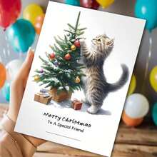 1 pieza Tarjeta de felicitación navideña australiana con sobre, 11cm X 16cm - Diseño encantador de gatos besándose con adornos festivos, ideal para amigos, familia y amantes de los gatos, tarjeta de celebración navideña conmovedora