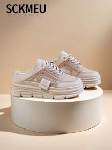 SCKMEU 1 双女式网眼拼布一脚蹬穆勒鞋，厚底，厚底，时尚百搭休闲鞋 - 卡其色 - 查看 3