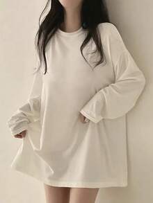 女式纯白色百搭长袖宽松休闲分层罗纹中性T恤上衣 - 白色 - 查看 4