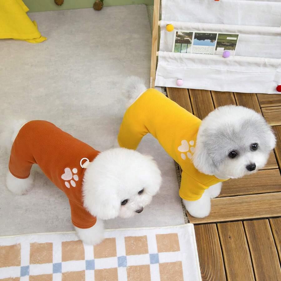 25 Paw 4-Leg Fleece Jumpsuit, Dog Clothes For Autumn/Winter, 4-Leg Pants, Cat , Small Animal Outfit, Casual Printed Dog Apparel, Cat & Monkey Clothes, New Arrival Animal Autumn/Winter Fleece Casual Outfit, Pet Supplies, Dog Apparel - Brown - View 1