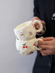 1pc Ins Style Hand-Painted Cherry & Strawberry Ceramic Cup, Asymmetrical Embossed Body, Breakfast Coffee Mug, Girly Desktop Water Cup, Party Afternoon Tea Cup, Red Tea Cup, Large Capacity Water Mug, Coffee Cup - Multicolor - View 10