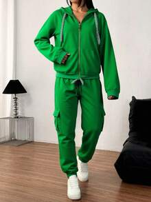 Sudadera Con Capucha De Manga Larga Con Cierre  Y Pantalones Con Bolsillo De Solapa, Traje Deportivo - Verde - Ver 3