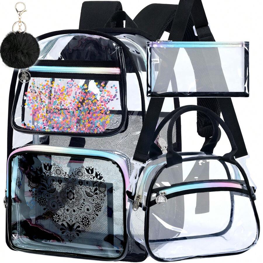 3PCS Clear Backpack, Women's Sequins Transparent Bookbag Set, Cute Heavy Duty See-Through School Bag For Teens And Elementary Students – Flower Black Love - 黑色 - 查看 1