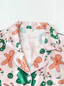 2pcs Satin Pajama Set, Christmas Tree & Gingerbread Man Print Short Sleeve Lapel Top And Bow Shorts, Women Sleepwear & Loungewear Suitable For Christmas - Màu be - Xem 3