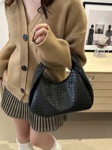 1 chiếc túi đeo vai hình lưỡi liềm dệt thắt nút màu trơn dành cho nữ, đa năng và thời trang - màu đen - Xem 4