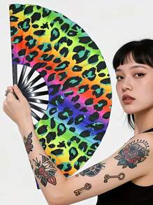 13 Inch Fluorescent Folding Fan - Glow-In-The-Dark Gothic Sun & Moon Constellation Design, Vibrant Rainbow & Leopard Print Fan,Large Black PP Material For Halloween, Raves, Clubs, Concerts, Themed Parties, Cosplay, Costume Props, Gifts, And Dance Events, Halloween Decorations, Without Battery