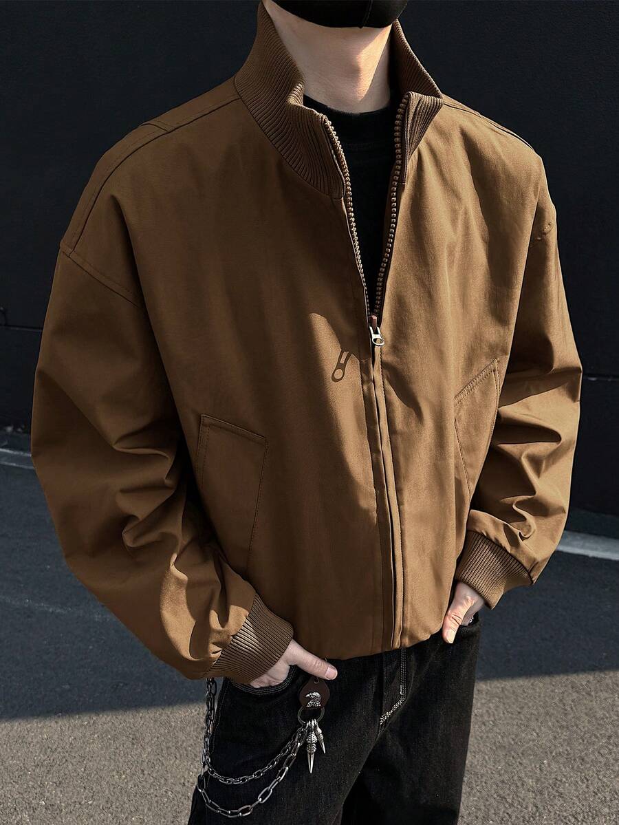 Men's Stand Collar Jacket, Retro Street Fashion Outerwear, Front Open Stand Collar Top - Khaki - View 1