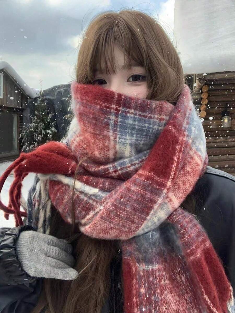 1pc Red Plaid Scarf For Women, Warm Shawl Wrap, Student Style, Tasseled Neck Warmer, 2025 New Collection, Winter For Dress