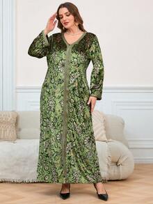 Top, Vestido de mujer 2025, Vestido de mujer talla grande, Vestido elegante de uso diario, Falda suelta de manga larga con cuello en V de estilo nacional hermoso - Verde - Ver 3