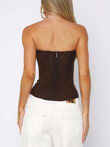 Women Y2k Strapless Bustier Corset Tie Back Mesh Boned Bodyshaper Tube Top Going Out Bustier Tops - Cà phê nâu - Xem 5