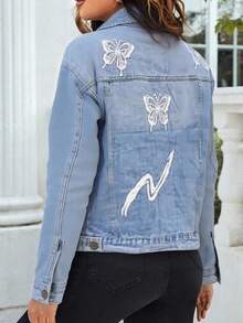 Chamarra mezclilla dama mujer mariposa estampado dia noche casual formal fiesta trendy original moderna juvenil trabajo oficina femenina sexy surprise jeans - Azul - Ver 2