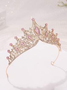 1pc Princess Crown Party Headpiece, Luxury Crystal Alloy Tiara - Pink - View 3