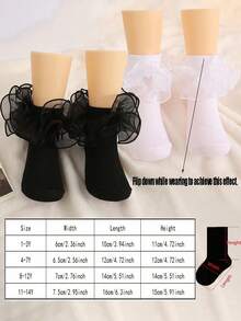 2 Pairs Baby Girls' Cute Solid Color Ruffle Trim Everyday Casual Short Socks, Student Socks, Versatile Daily Wear - Black and White - View 2