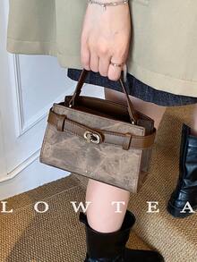 low tea 新款夏季荔枝纹女士手提包，时尚可调节肩带斜挎包，简约纯色高端金属装饰单肩通勤包，女士时尚钱包 - 棕色 - 查看 7