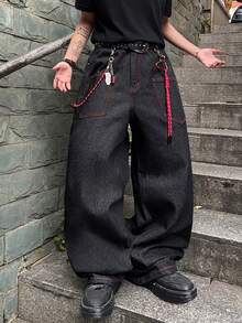 1件复古美式风格男士刺绣阔腿牛仔裤，个性化口袋，宽松休闲牛仔裤（不含腰带和配饰） - 黑色 - 查看 5