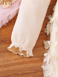 女童春秋季蝴蝶网纱拼接连衣裙，圆领长袖蝴蝶结装饰休闲网纱拼接公主裙，适合4-7岁女孩日常、户外、街头、派对等场合穿着。 - 杏色 - 查看 7