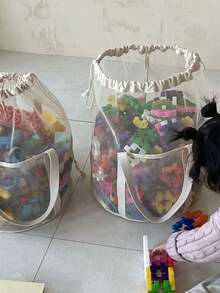 1个大容量物品抽绳收纳袋积木收纳桶网状玩具整理桶帆布书籍整理桶便携式游泳洗漱袋多功能物品收纳袋带提手轻便拼图收纳袋毛绒玩具收纳抽绳袋大号日常洗衣篮儿童物品收纳桶 - 米色 - 查看 9