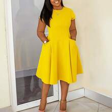 Womens Elegant Casual Short Sleeve Midi Dress - 紅色 - 查看 3