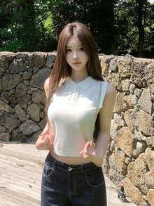 复古风格 Polo 领无袖针织上衣，时尚修身背心 - 白色 - 查看 3