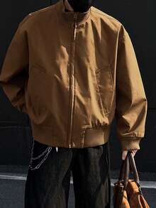 Men's Stand Collar Jacket, Retro Street Fashion Outerwear, Front Open Stand Collar Top - Khaki - View 4