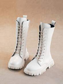 女童秋冬靴子，新款儿童高筒靴，英伦风中筒靴，厚底靴，公主皮靴，学生鞋，小女孩高筒靴 - 米色 - 查看 1