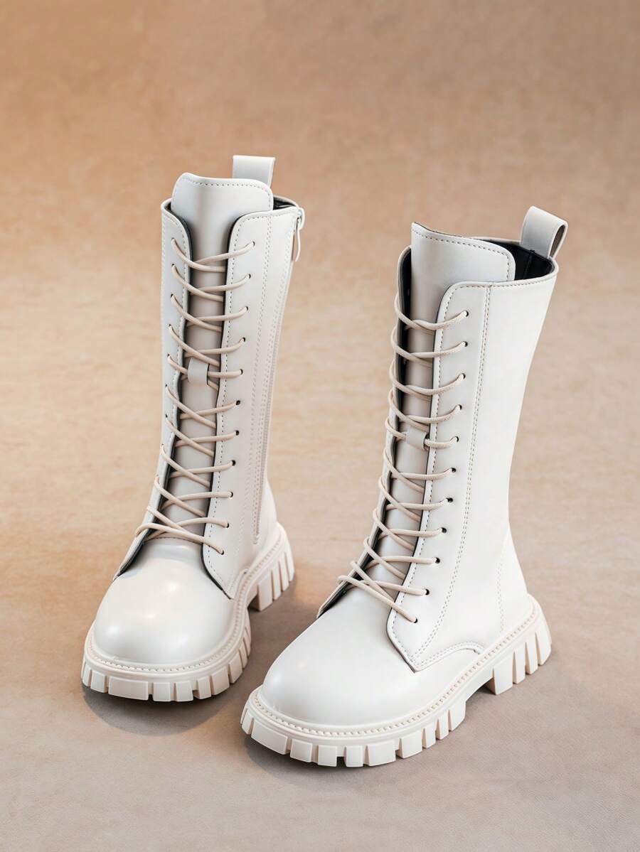 女童秋冬靴子，新款儿童高筒靴，英伦风中筒靴，厚底靴，公主皮靴，学生鞋，小女孩高筒靴 - 米色 - 查看 1